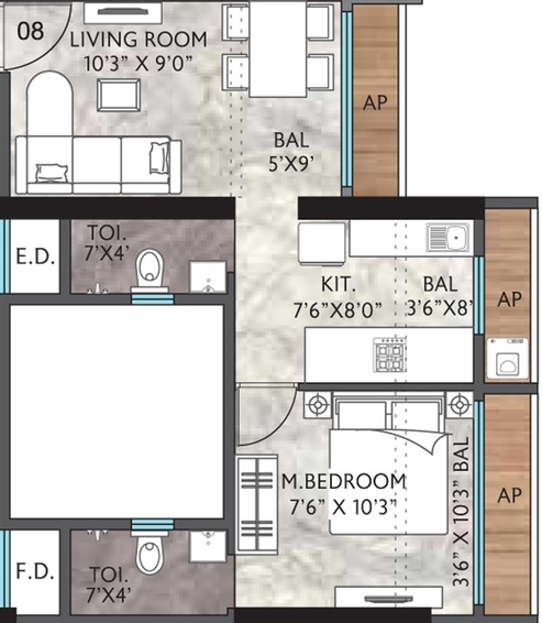 Floor plan of a 1 BHK apartment